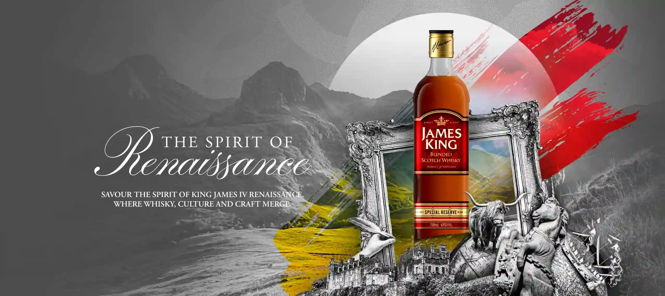 James King Blended Scotch Whisky bottle with Renaissance-inspired background – premium whisky by QSI Quality Spirits International celebrating King James IV, where Scottish heritage, culture, and craft converge.